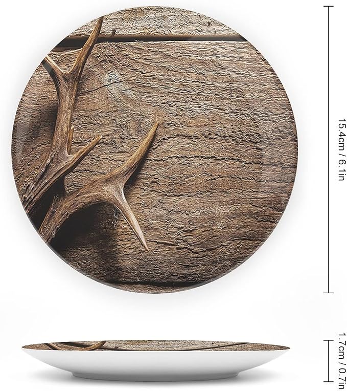 XISUNYA 10 Inch Decorative Plate, Antlers Tableware Plate, Deer Antlers On Wood Table Rustic Hunting Season Print Ornament Display Plate Decor Accessory for Dining, Parties, Wedding
