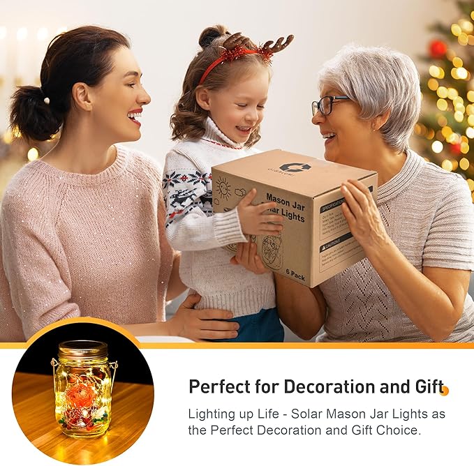 GIGALUMI Hanging Mason Jar Solar Lights, 6 Pack 30 Led Tinplate Lids Hanging Solar Lanterns Outdoor Waterproof, Hangers and Jars Included, Outdoor Decor for Balcony, Garden, Patio, Yard, Wedding