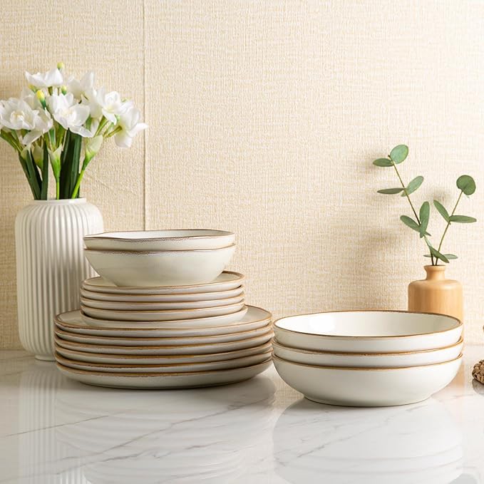 AmorArc 8.5'' Large Pasta Bowls, 36oz Ceramic Salad Serving Bowls Set of 6 for Kitchen, Wide Stoneware Bowls for Pasta,Salad,Fruit,Bread, Microwave Safe, Reactive-Pearl White