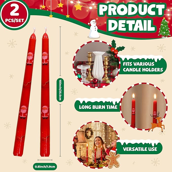 2 Pack Christmas Taper Candles, 10 Inch Unscented Candlesticks with Santa and Sleigh for Holiday Table Centerpiece, Fireplace Mantel, Advent Wreaths, Winter Weddings, Seasonal Home Decor