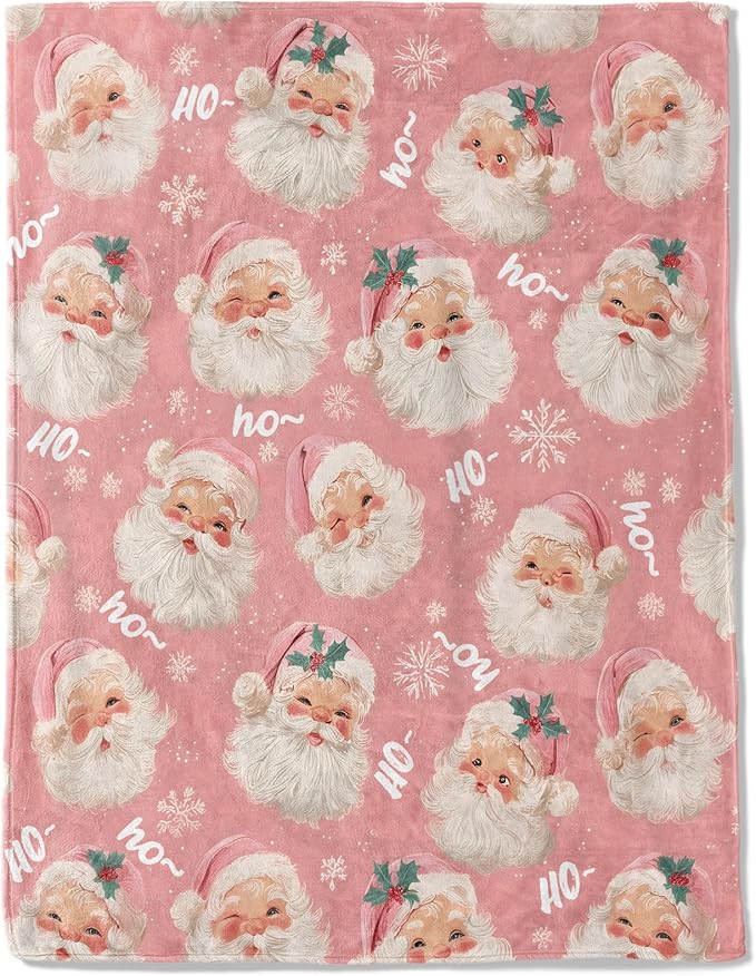 Christmas Decorative Blanket, Vintage Santa Face and Snowflake Print Throw Decoration, Soft Flannel Winter Blankets for Couch Bed Sofa, Holiday Home Decor, Xmas Festival Gifts Pink 40x50 Inch