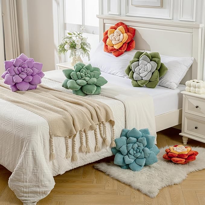 3D Plant Pillow 13.8'' Cute Flower Throw Pillow Blue Plant Shaped Decor Soft Unique Plush Decorative Pillow Throw Cushions for Bedroom Home Decorations