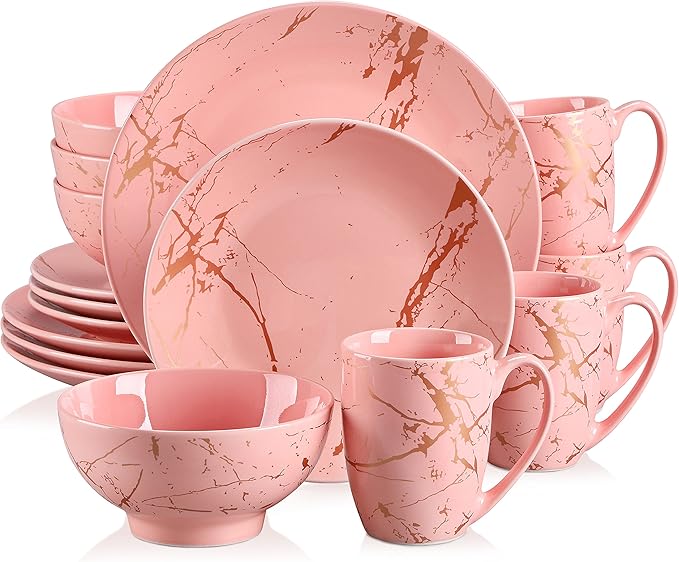 LOVECASA Pink Dinnerware Set for 4, 16 Piece Porcelain Dish With Plates, Bowls and Mugs, Gold Splash Glaze Round Modern Ceramic Dinner Set, Dishwasher Microwave Safe