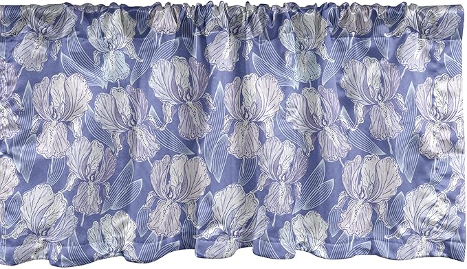 Lunarable Flower Window Valance Pack of 2, Blossomed Iris Flower Spring Garden Art, Rod Pocket Curtain Valances for Kitchen Bedroom, 54" X 18", Blue