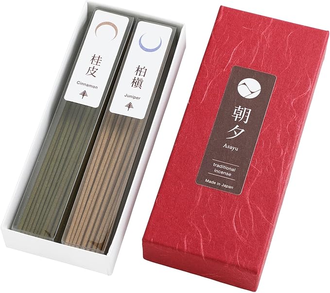 Asayu Japan Traditional Incense Sticks - Harmony Set (Cinnamon + Juniper), 40gr (Each Scent 20g), for Yoga, Zen Meditation and Relaxation - Traditional Smoke Type