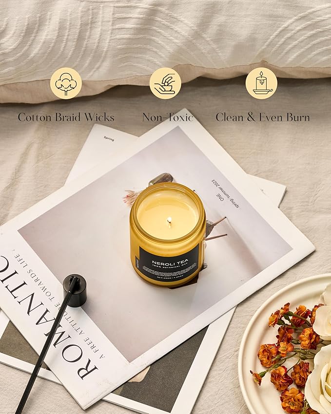 M&SENSE Neroli Tea Scented Candle, 7.05oz 50 Hours Long Lasting Burn 2 Wick Non Toxic Natural Soy Wax Candle for Women, Slow Burning Home Fragrance Gifts for Stress Relief & Relaxing