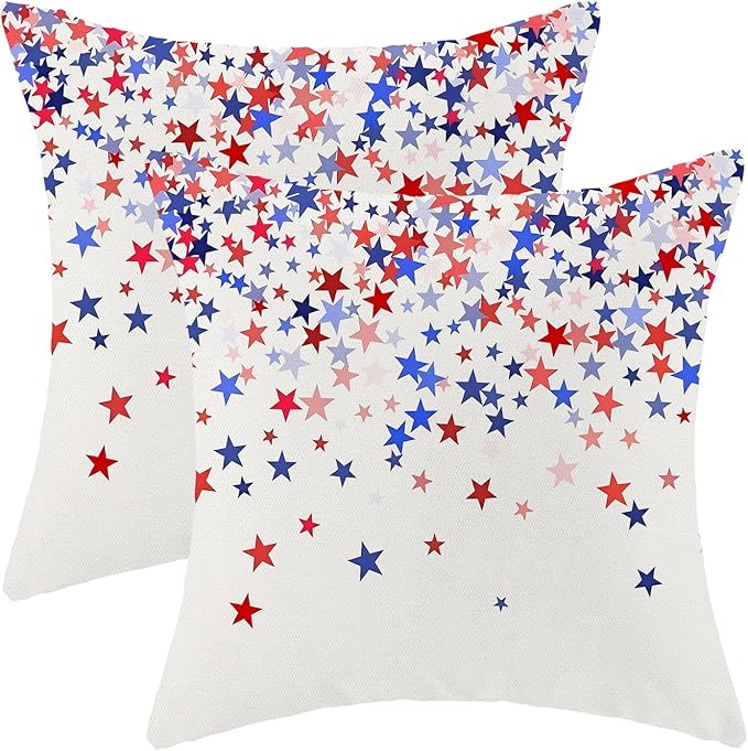 4th of July Pillow Covers 18 x 18 Inch, Red Blue White Patriotic Star Outdoor Decor Throw Pillows for Couch Bed, Independence Day Memorial Day Decorative Pillowcase Linen Cushion Cover Set of 2