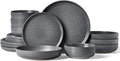 Famiware Milkyway Stoneware Dinnerware Sets with Pasta Bowls, Service for 4 (16 Pieces), Reactive Glaze Plates and Bowls Sets, Microwave and Dishwasher Safe Dishes Set, Matte Dark Charcoal