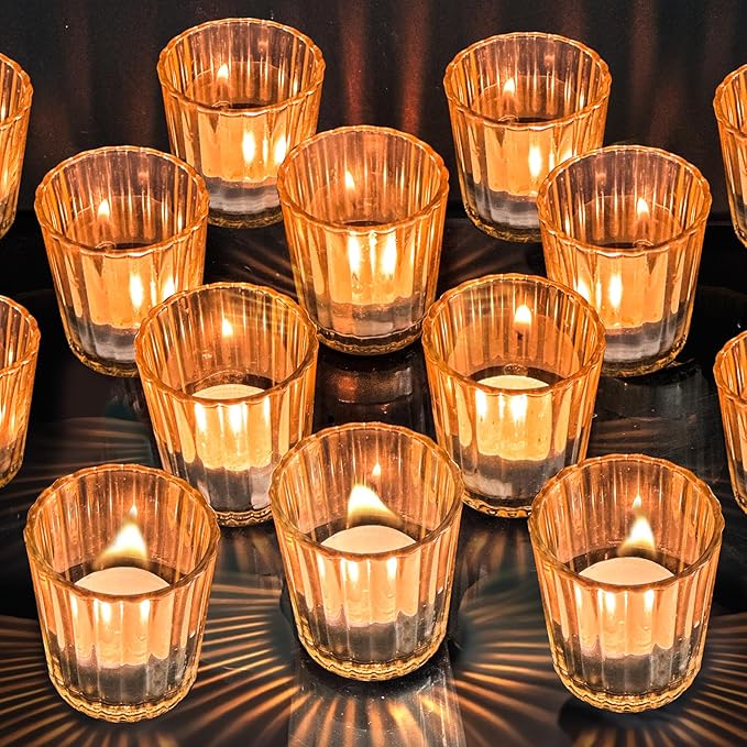 ComSaf Votive Candle Holders, 12 PCS Glass Candle Holders, Ribbed Tealight Candle Holder for Table Centerpieces, Gold Candle Holder for Wedding, Party, Baby Shower, Special Occasions, Fall Home Decor