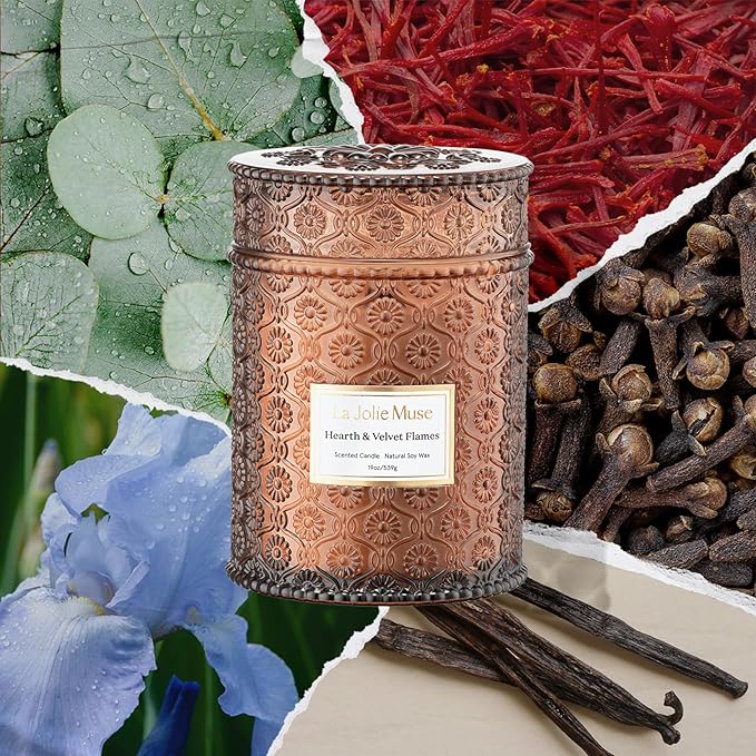 LA JOLIE MUSE Hearth & Velvet Flames Candle - Saffron, Clove, Vanilla | 19 oz Large Wooden Wick Candles | Natural Soy Wax | 90 Hours Clean Burn | Holiday Candle Gifts | Gift-Ready for Hosts