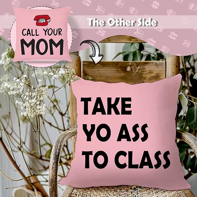 College Dorm Decor, Funny Call Your Mom Pillow Covers 18x18 Double-Sided, Back to School Gifts for Students, Gifts for College Students Girls Boys Freshmen, Dorm Room Accessories（Pink）
