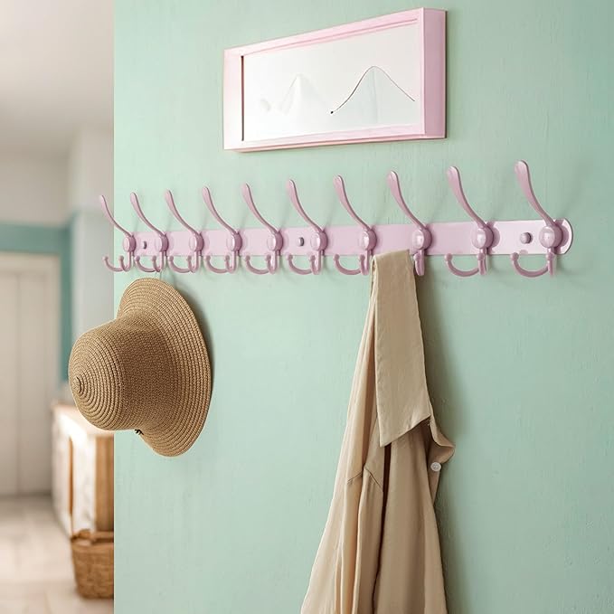 Dseap Coat Rack Wall Mount - 38” Long 10-Tri-Hooks Heavy Duty Coat Hanger Rail Wall Hooks for Hanging Coats Hats Clothing Clothes Purse Mudroom Entryway, Pink, Pack of 2