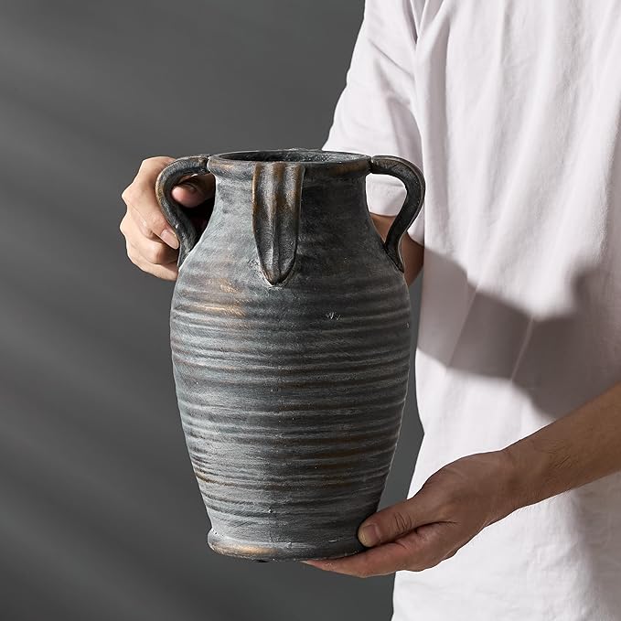 Handmade Ceramic Vase with 4 Handles, 10.83" Tall Farmhouse Rustic Terracotta Flower Vase, Vintage Vases for Home Decor, Wedding, Living Room, Table, Shelf Decor, Black Bronze