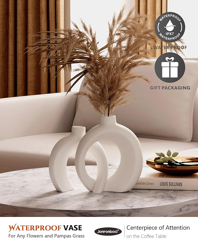 7.2″Hx8.9″H Donut Shape Decorative Vase Set of 2, Ceramic, Modern Minimalism Styles, Flowers or Plant Table Vases for Home Decor Living Room Shelf Entry Console Mantle Dining Centerpiece (Matte White)
