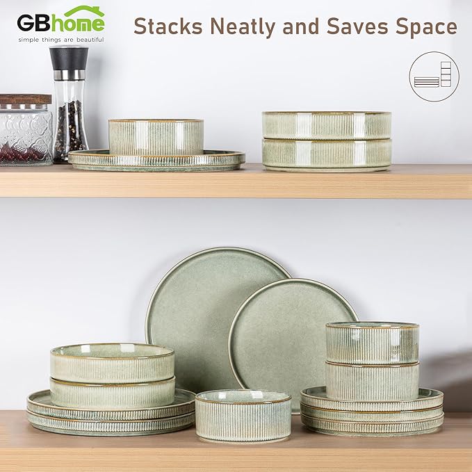 GBHOME Stoneware Dinnerware Sets for 6,Round Reactive Glaze Ceramic Plates and Bowls Set,Highly Scratch Resistant | Dishwasher & Microwave Safe Dishes Set,Service for 6(18Pcs)