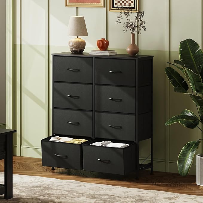 WLIVE Fabric Dresser for Bedroom, Tall Dresser with 8 Drawers, Storage Tower with Fabric Bins, Double Dressers, Chest of Drawers for Closet, Living Room, Hallway, Charcoal Black