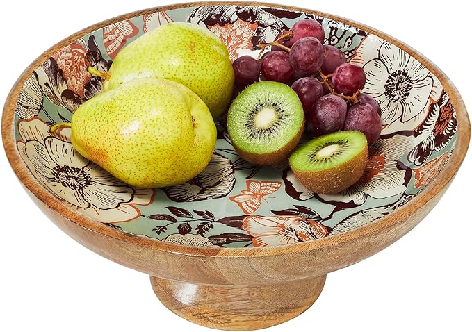 VHC Brands Natural with Bird Print Wooden Fruit Bowl 5.5x12x12, Kitchen Decor, Decorative Wooden Pedestal Bowl, Perfect Centerpiece for Table, Island, or Counter