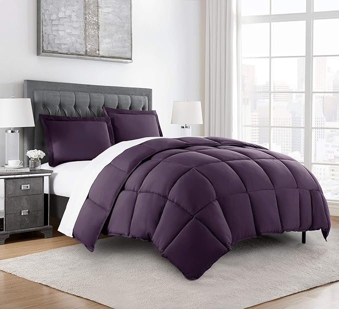 Chezmoi Collection 3-Piece All Season King Comforter Set Dark Purple, Soft Quilted Down Alernative Duvet Insert with Corner Tabs, Lightweight Microfiber Bedding, 102 x 90 Inches