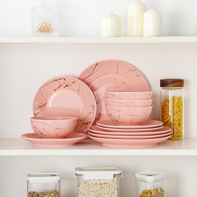 LOVECASA Pink Dinnerware Sets for 4, 12 Piece Porcelain Plates and Bowls Sets, Gold Splash Dish Set, Modern Ceramic Dinner Set, Dishwasher Microwave Safe