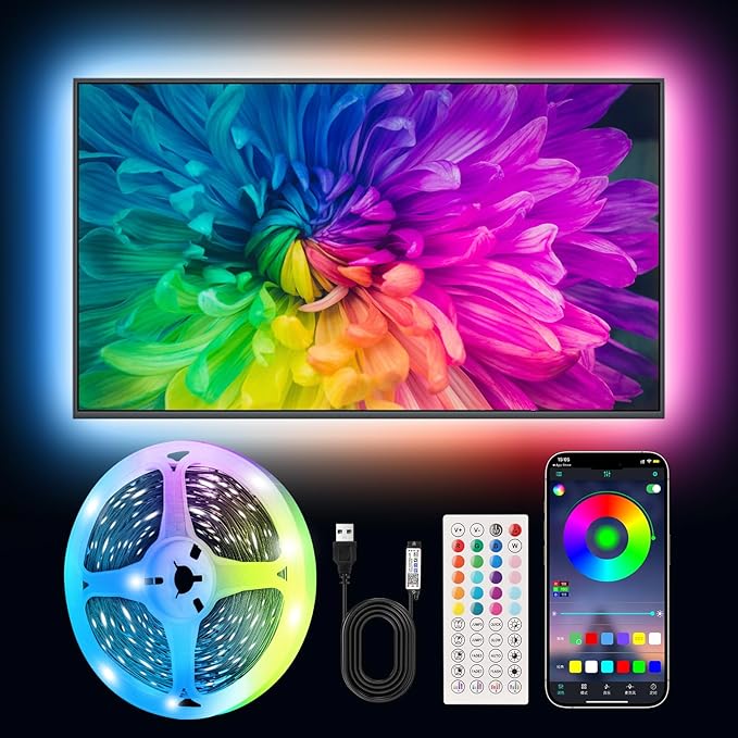 Smart LED Lights for TV Strip, 6.56ft RGB LED Lights for 32-40 Inch TVs, Music Sync Bluetooth App & Remote Control, USB-Powered for Gaming, Bedroom, Home Theater