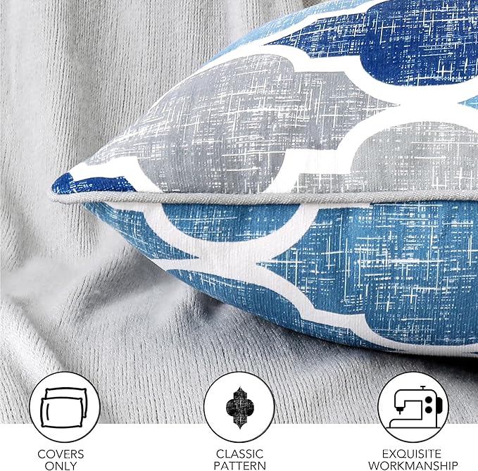 Beauoop Throw Pillowcover Soft Chenille Print Moroccan Geometric 2-Sided Pattern Blue and Gray Decorative Velvet Square Cushion Covers Standard Pillowcase Couch Sofa Bed Men/Women 20x20 Inch, Set of 2
