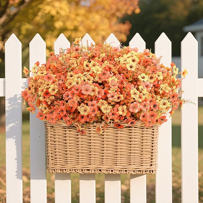 SHareconn 48 Bundles Artificial Fall Flowers for Outdoors Decoration, UV Resistant Silk Eucalyptus Lavender Faux Autumn Fake Plants for Outside Indoor Garden Yard Porch Home Decor, Autumn Orange-Red