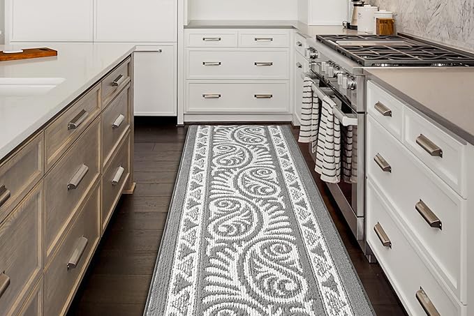 Custom Length Cut to Size Tribal Ethnic Southwestern Inspired Hallway Runner Rug, Non Slip Rubber Backed, 31 inch Wide X Customized Length, Mayan Grey, 31 inch X 18 feet