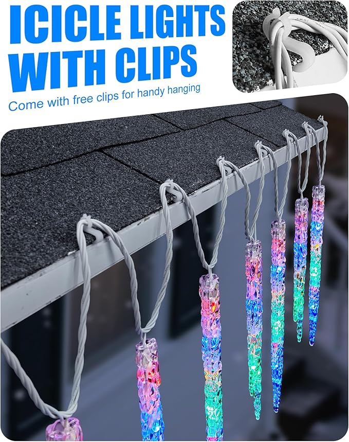Minetom Icicle Lights Outdoor with Clips, 2 Pack Total 40ft 200 LED 40 Tubes Twinkling String Lights, Connectable Hanging Ice Shape Christmas Lights Plug in for Eave Holiday Outdoor, Multicolor