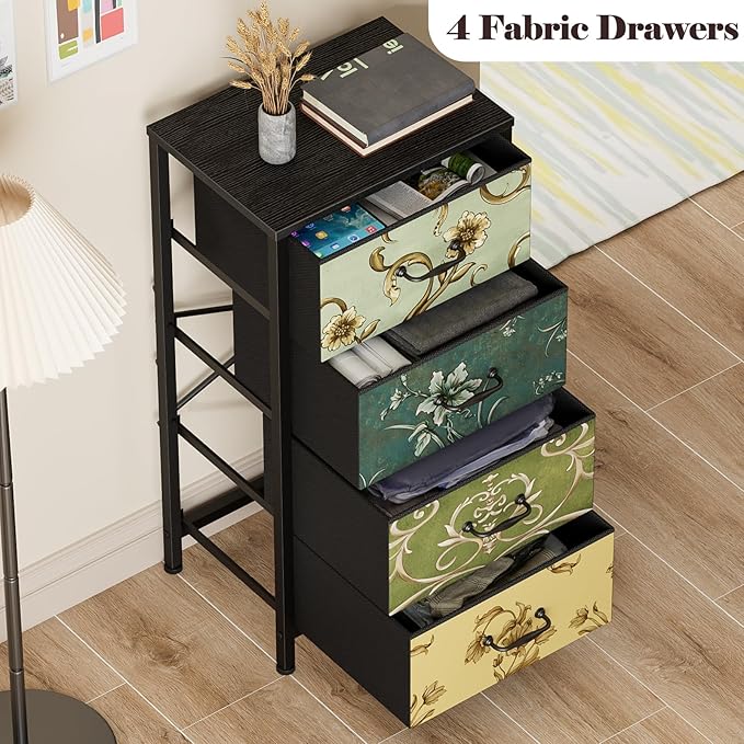 Furnulem 4 Drawer Dresser, Vertical Nightstand for Kids, Adult, Fabric Chest of Drawers for Bedroom, Living Room, Closet, Nusery, Storage Tower Unit Retro Style Furniture, Wood Desk Top