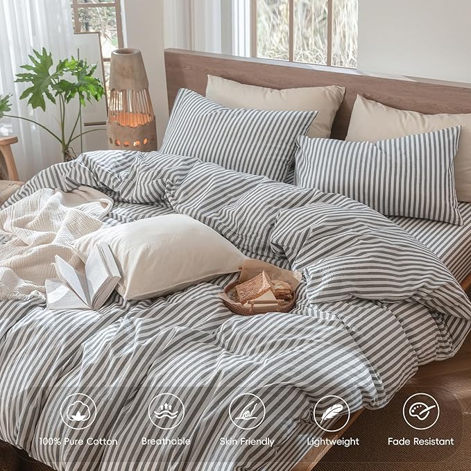 MooMee Striped Duvet Cover Set 100% Washed Cotton Linen Like Textured Breathable Durable Soft Comfy (Dark Grey White Classic Stripes, Alaska King 132"x120")