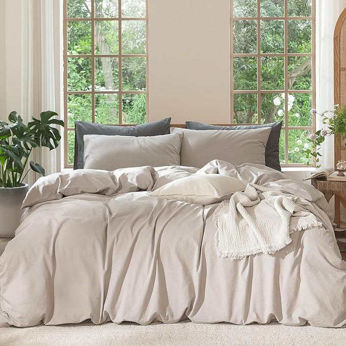 MooMee Bedding Duvet Cover Set 100% Washed Cotton Linen Like Textured Breathable Durable Soft Comfy (Solid Light Tan, Queen 90"x90")