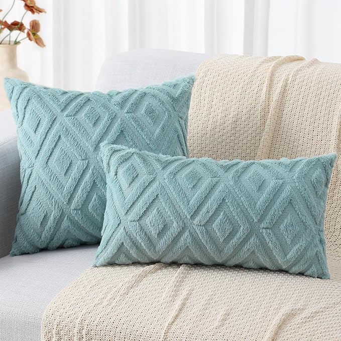 decorUhome Couch Throw Pillow Covers 24x24 Set of 2, Decorative Soft Plush Faux Wool Neutral Accent Pillow Covers for Bed Sofa Living Room, Light Teal