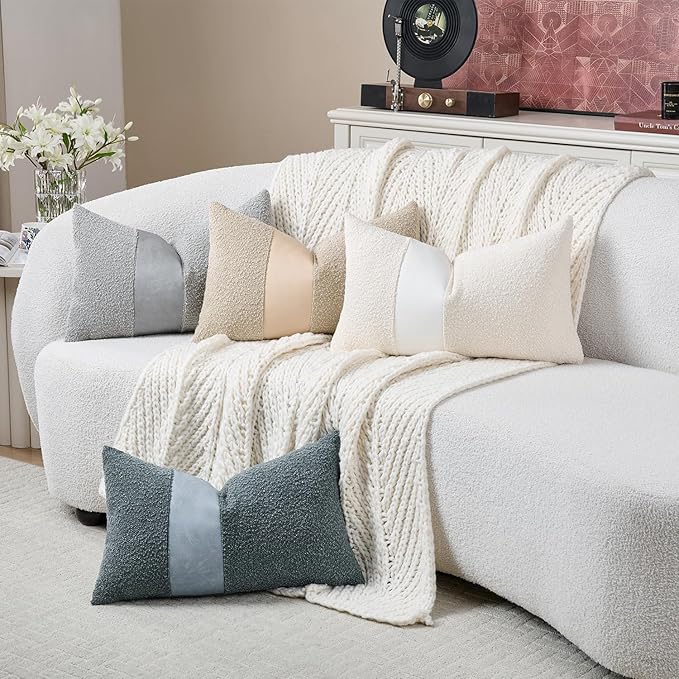Pack of 2 Faux Leather Boucle Throw Pillow Covers 20"x12" Blue Chic Accents Textured Rectangular Lumbar Decorative Pillow Cases for Living Room Couch Bed Farmhouse Boho Home Decor