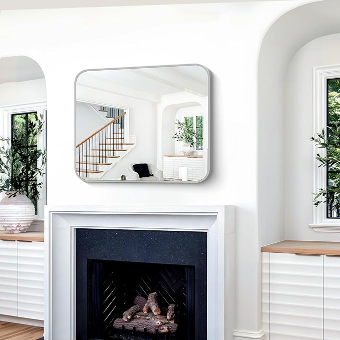 Silver Bathroom Mirror, 30 x 36 Inch Metal Framed Silver Rectangle Mirror, Rounded Corner Rectangular Vanity Mirror, Wall Mounted Mirror for Living Room Bedroom Entryway Horizontal/Vertical