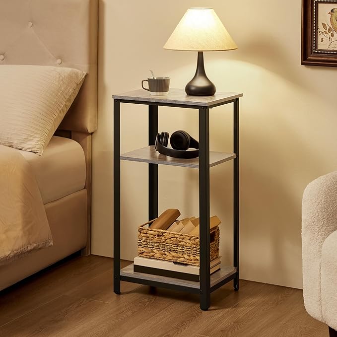 Yaheetech 30 in Tall End Table, 3-Tier with Strong Wooden Shelves, Small Side Table with Metal Frame for Living Room Office, Small Places, Gray