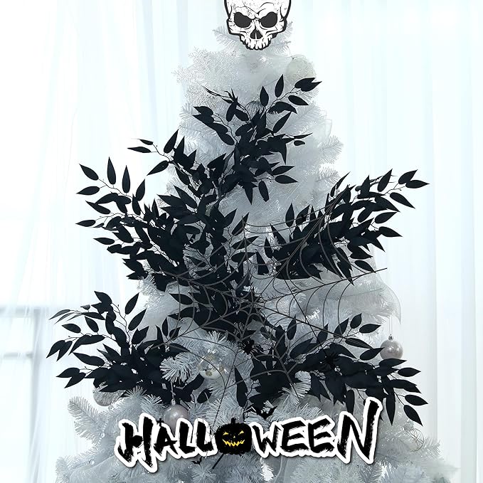 GREENTIME 6 Pack Artificial Black Italian Ruscus Stems 23.5'' Faux Halloween Leaf Bouquet for Vase Fireplace Table Centerpiece Decor