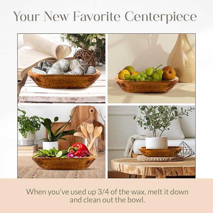 Dough Bowl Candle Co. Unscented Soy Candle - 3 Wick Rustic Farmhouse Decor Odor Eliminator in Wooden Bowls, 20 Ounce Wooden Dough Bowl Candle, All-Natural Gifts for Women and Men, Coffee Table Decor