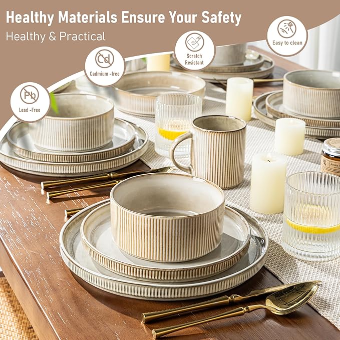 GBHOME Stoneware Dinnerware Sets for 8,Round Reactive Glaze Ceramic Plates and Bowls Set,Highly Scratch Resistant| Dishwasher & Microwave Safe Dishes Set,Service for 8(24pc)