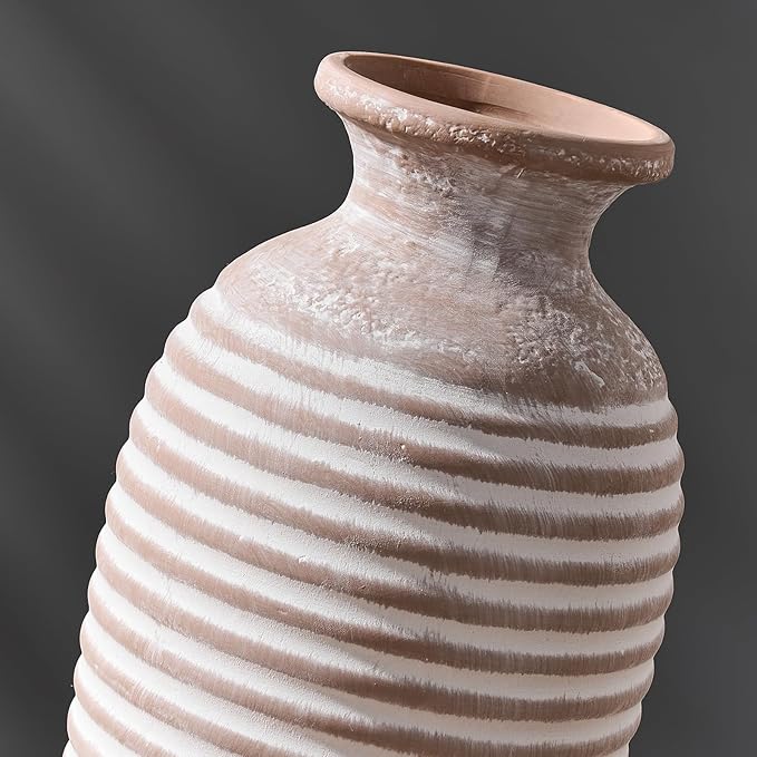 Ceramic Rustic Vase, 14.4 Inch Large Vintage Flower | Threaded Decorative Farmhouse Tall Vase for Home Decor, Living Room, Shelf Decor, Wedding Housewarming Gift, Khaki