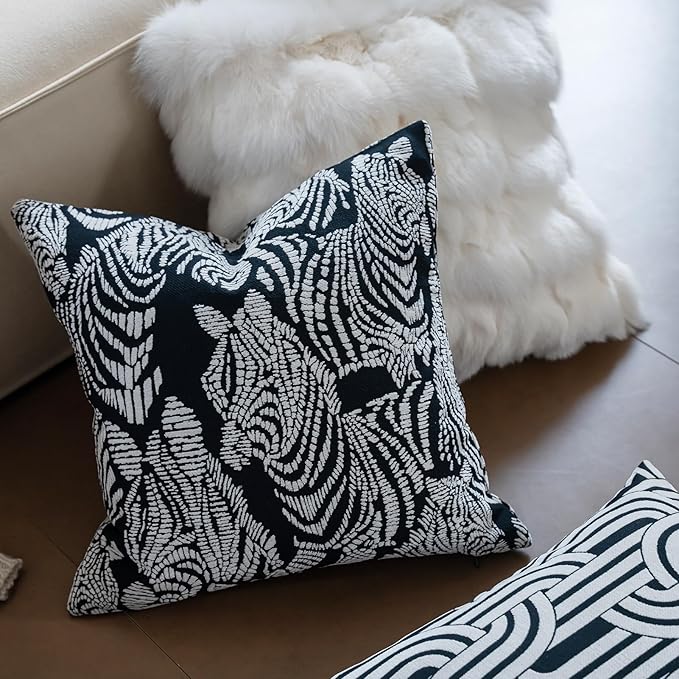 Premium Throw Pillow Covers 22x22 Inches - Black Zebra Pattern Chenille Jacquard Embroidery Decorative Couch Pillow Covers for Living Room Bedroom Sofa Home Décor