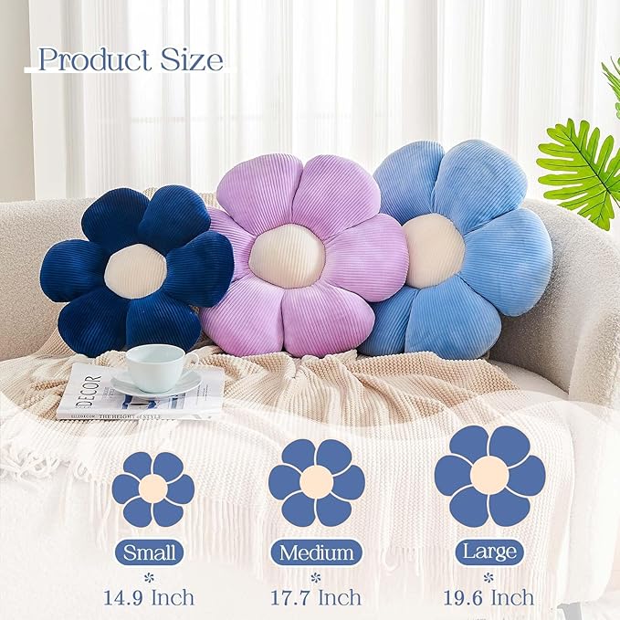 Navy Flower Pillow, 14.9" Cute Flower Shaped Floor Pillow, Aesthetic Floral Plush Daisy Decorative Throw Pillows for Bed Sofa Couch