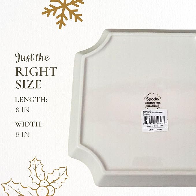 Spode Christmas Tree Canape Plate - 8" Holiday Serving Dish for Appetizers, Desserts, Treats - Fine Porcelain with Red Border, Dishwasher Safe - Ideal Christmas Tableware