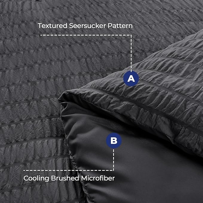 HYMOKEGE Oversized King Comforter Set Seersucker 7 Pieces, All Season Luxury Bed in a Bag for Bedroom, Bedding Set with Comforter, Sheets, Pillowcases & Shams, Dark Grey