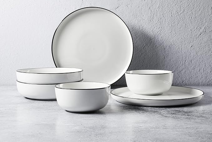 Gibson Home Oslo 16 Piece Porcelain Dinnerware Set,White w/Black Rim Rim, Service for 4 (16pcs)