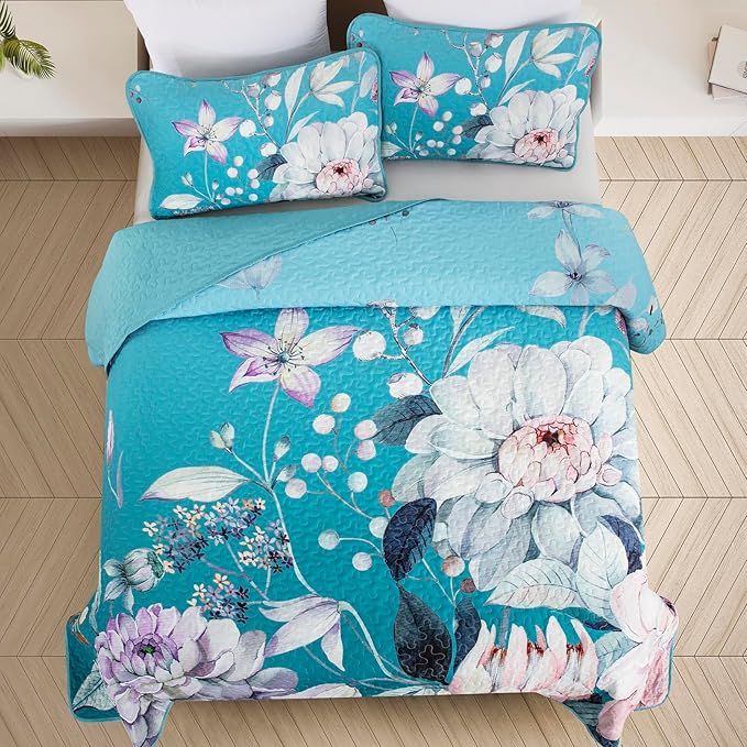 Drucon Floral Quilt King Size - 3 Pieces Aqua Blue Quilt Botanical Bedspread Soft Lightweight Flower Bedding Set for All Season (104"x90")