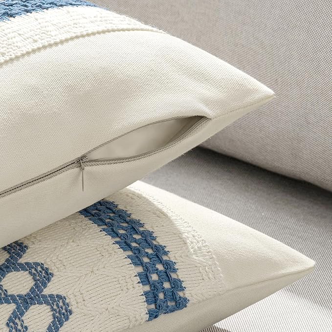 MIULEE Set of 2 Coastal Blue Boho Decorative Lumbar Pillow Covers 12x20 Inch Farmhouse Rustic Couch Throw Pillows Modern Summer Cushion Covers Retro Cute Macrame Woven Home Decor for Bed Sofa Chair