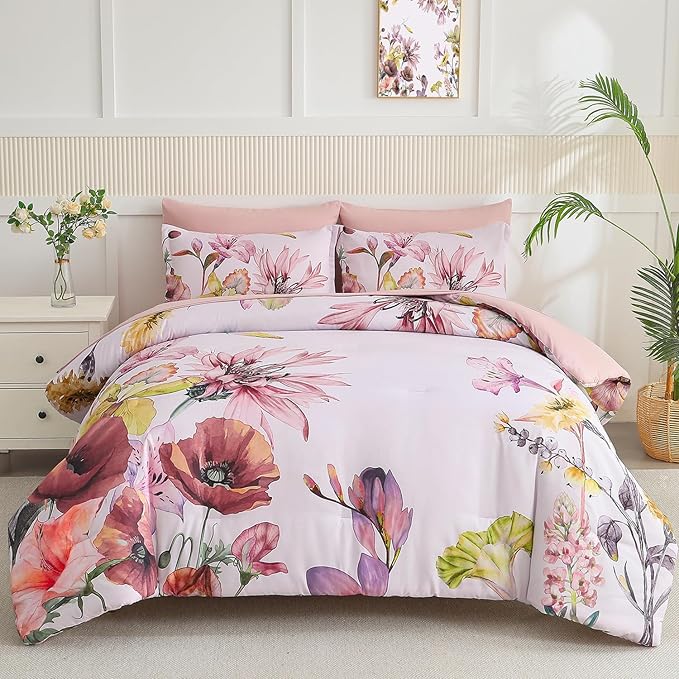 Yogeneg King Size Comforter Set 7 Piece Bed in a Bag,Elegant Floral Botanical Pattern Pink Bedding Set,Soft Microfiber Comforter with Sheet Set,All Season Bed Set(Blush Floral,King)