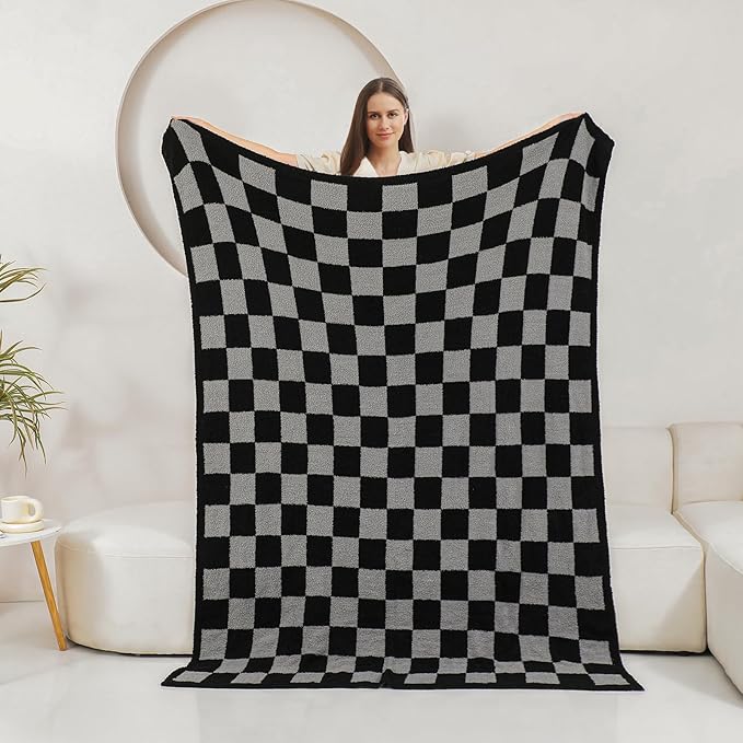 bearberry Fuzzy Checkerboard Grid Throw Blanket Soft Cozy Warm Microfiber All Season Blanket Decor for Couch Sofa Bed Travel Home (Black/Grey, 50''x60'')