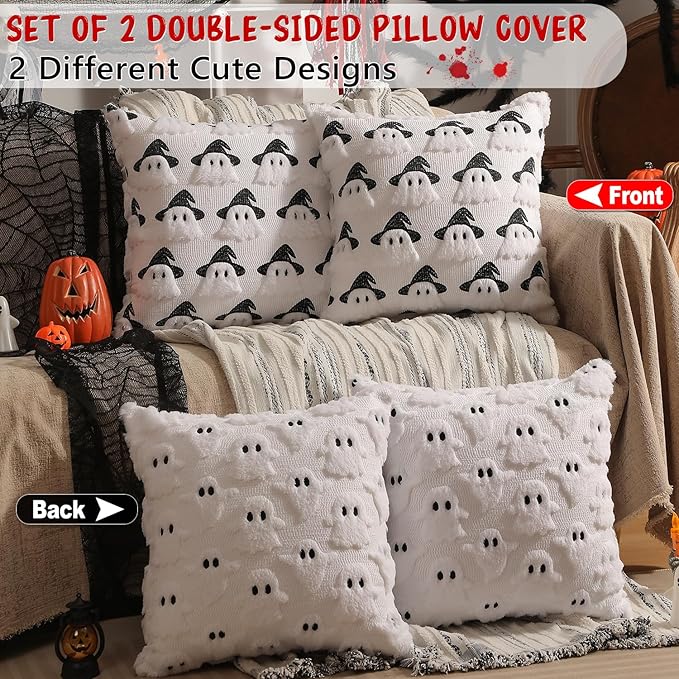 Halloween Decorations Set of 2 Double-Sided Halloween Pillow Covers 20" x 20", with 2 Different Looks, Cure White Ghost & Ghost with Hat, Plush Faux Fur Throw Pillow Covers for Home Decor