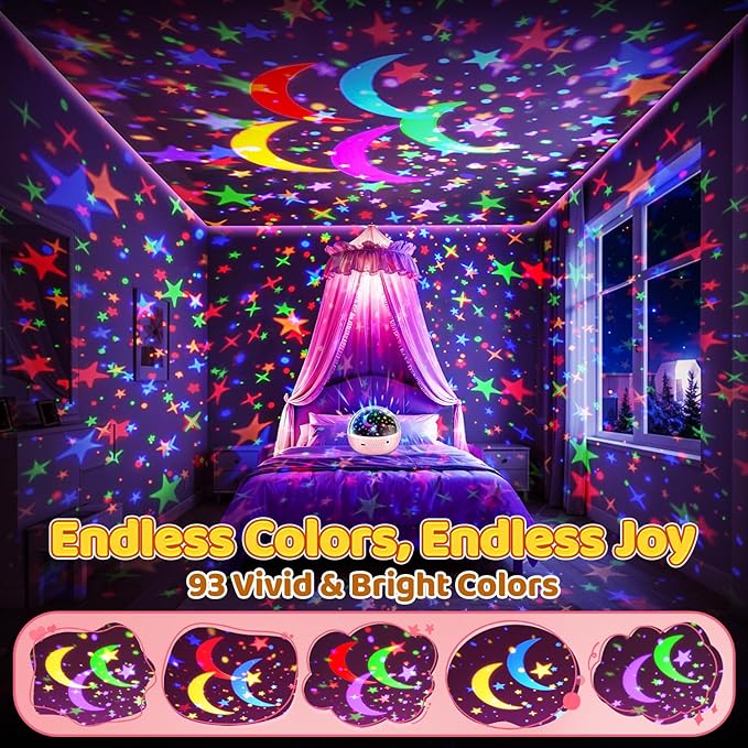 COOLNIGHT Kids Night Light Projector, [93 Lighting+3Films+Remote] Star Projector for Kids, 3 Brightness+3 Timer Star Lights for Bedroom, 360°Rotate + Quieter Stars for Ceiling, Girls Night Light,Gift